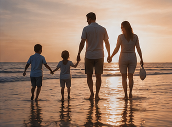 Family walking together on a beach at sunset